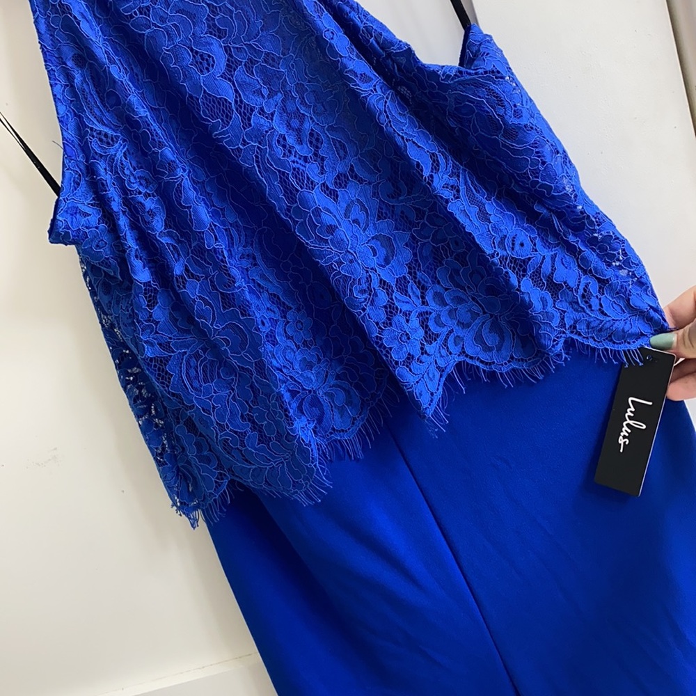 Lulus Bethanie Royal Blue Lace Halter Jumpsuit